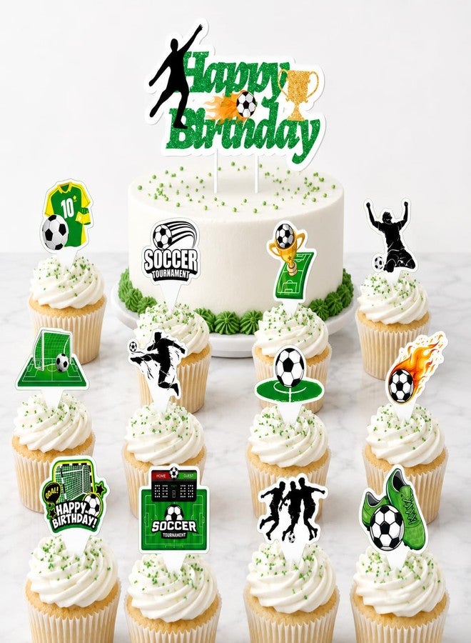 GIFTODAY 25 Pcs Soccer Cake Topper Set, 24 Cupcake Toppers with 12 Unique Designs Plus 1 Large Cake Pick, Football Theme Decorations for Birthday Party Sports Game Day Supplies - Image 1