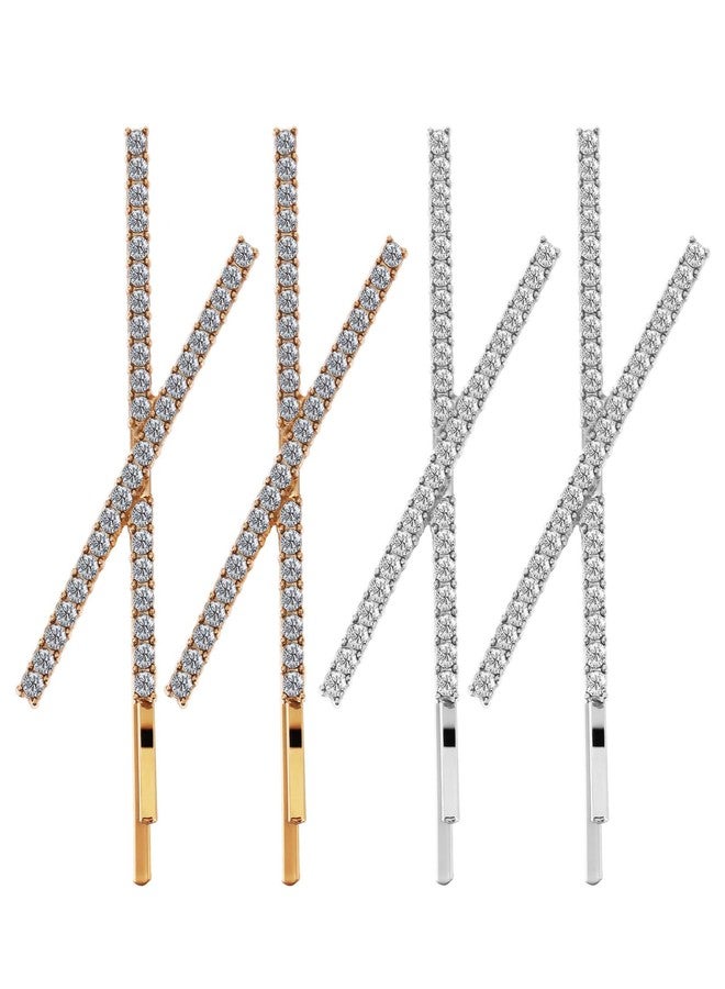 Beaupretty 4Pcs X Shaped Hair Pins Rhinestone Barrettes Wedding Clips Sparkly Hair Accessories for Women Girls Golden Silver - Image 1