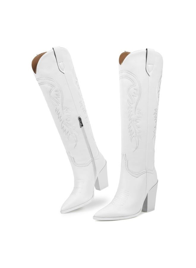 ISNOM Cowboy Boots for Women - Western White Knee High Cowgirl Boots With Wide Calf and High Heel - Image 5