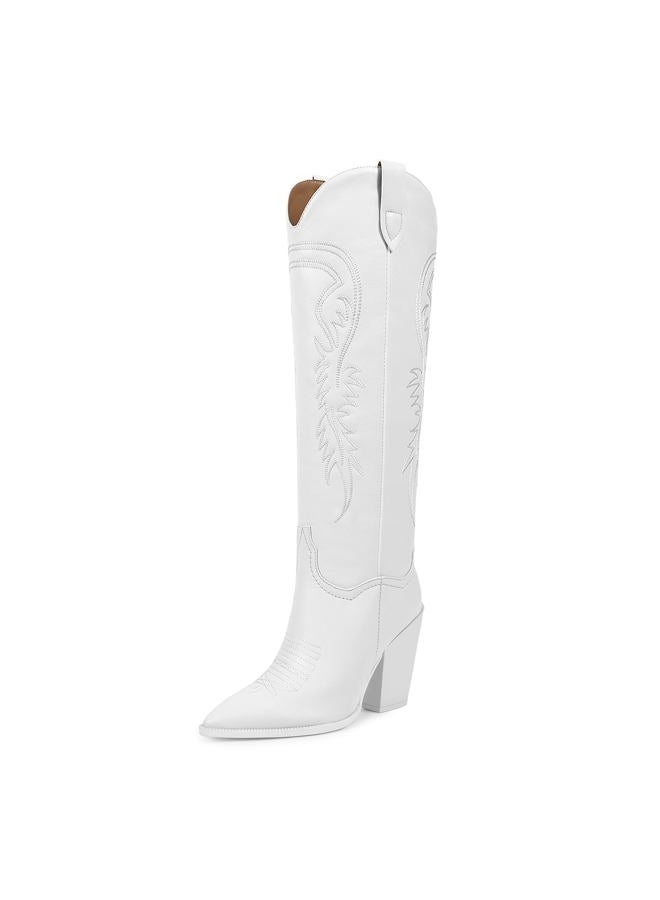 ISNOM Cowboy Boots for Women - Western White Knee High Cowgirl Boots With Wide Calf and High Heel - Image 1
