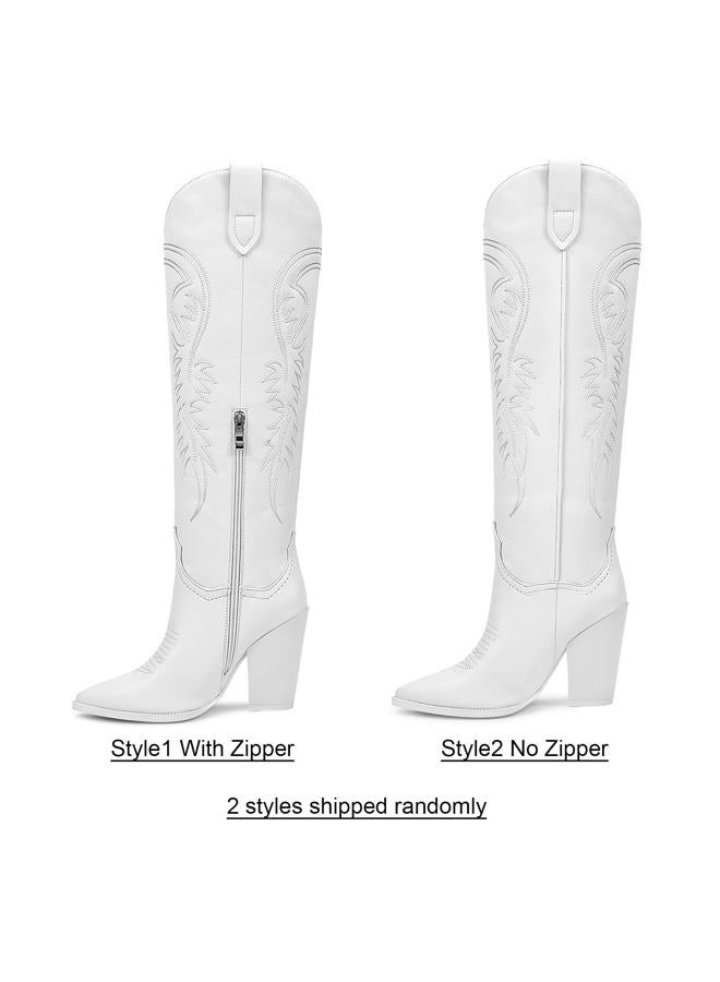 ISNOM Cowboy Boots for Women - Western White Knee High Cowgirl Boots With Wide Calf and High Heel - Image 4