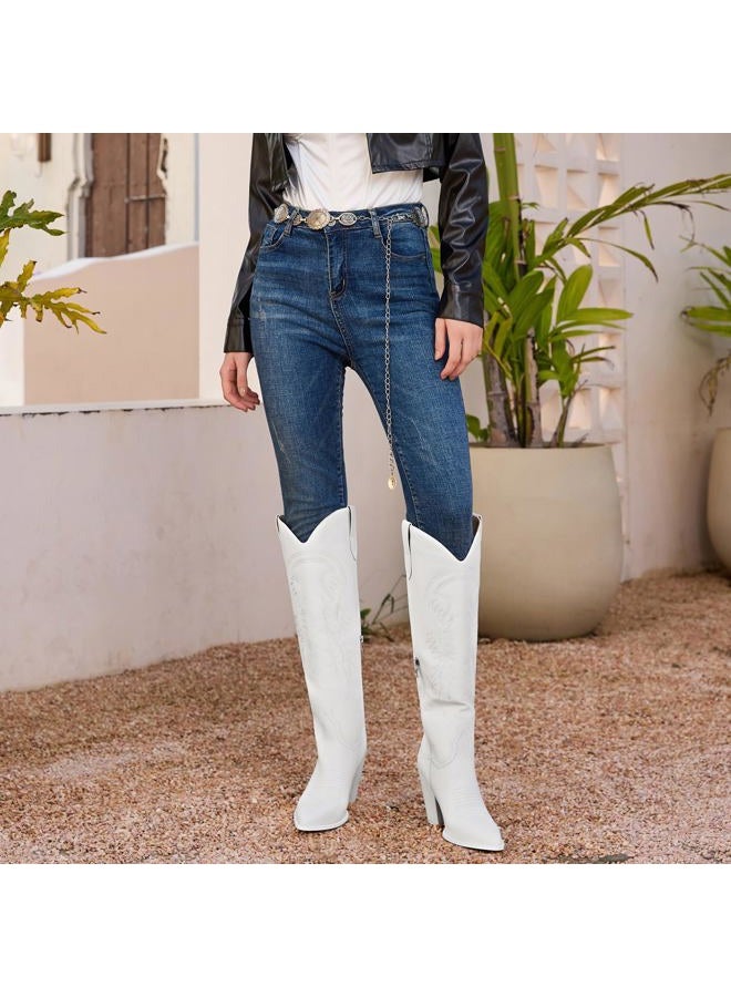ISNOM Cowboy Boots for Women - Western White Knee High Cowgirl Boots With Wide Calf and High Heel - Image 3