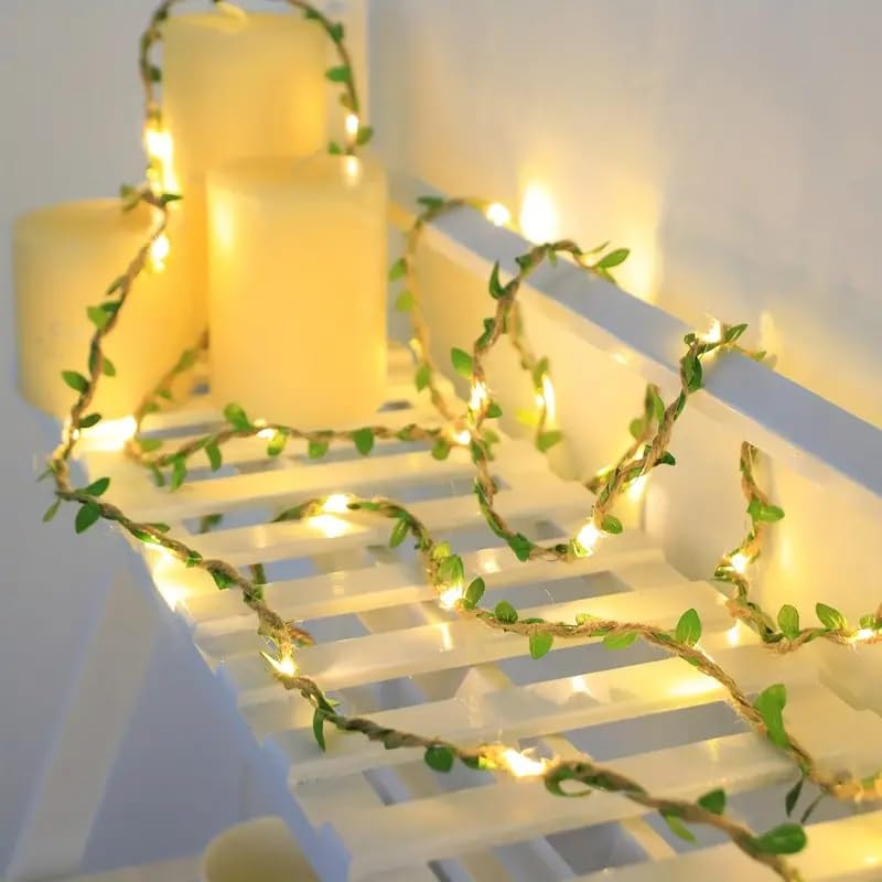Nisco DIY Natural Green Burlap Leaf Ribbon with 100 LED Battery String Lights - 10 Mtr Fairy Lights on Jute Twine for Wedding, Wall, Room, and Festival Decor - Image 1