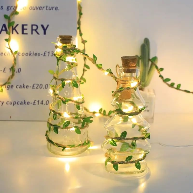Nisco DIY Natural Green Burlap Leaf Ribbon with 100 LED Battery String Lights - 10 Mtr Fairy Lights on Jute Twine for Wedding, Wall, Room, and Festival Decor - Image 3