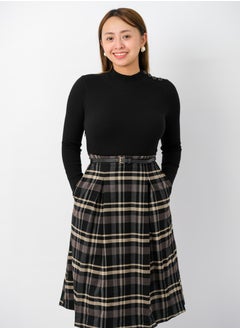 Women’s Pleated Checked Bottom Knit Dress in Chocolate Check