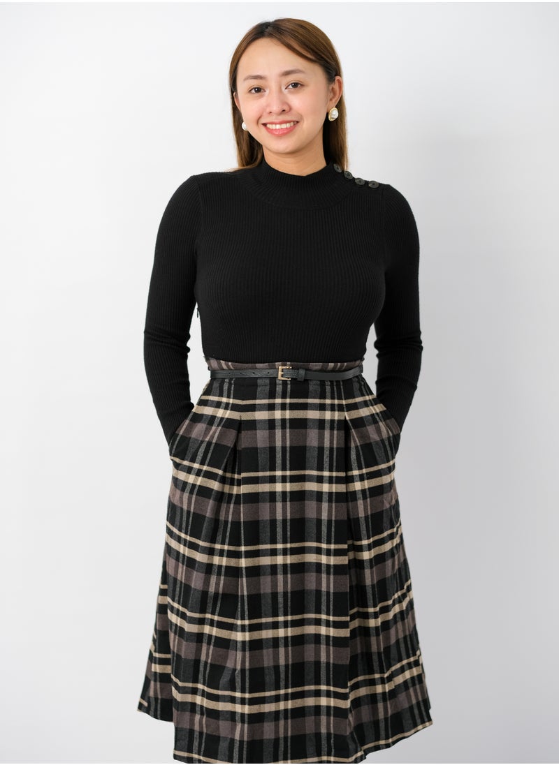 ONLY - Women’s Pleated Checked Bottom Knit Dress in Chocolate Check - Image 1