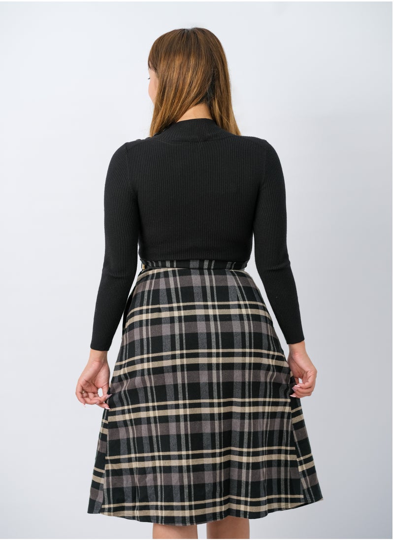ONLY - Women’s Pleated Checked Bottom Knit Dress in Chocolate Check - Image 1