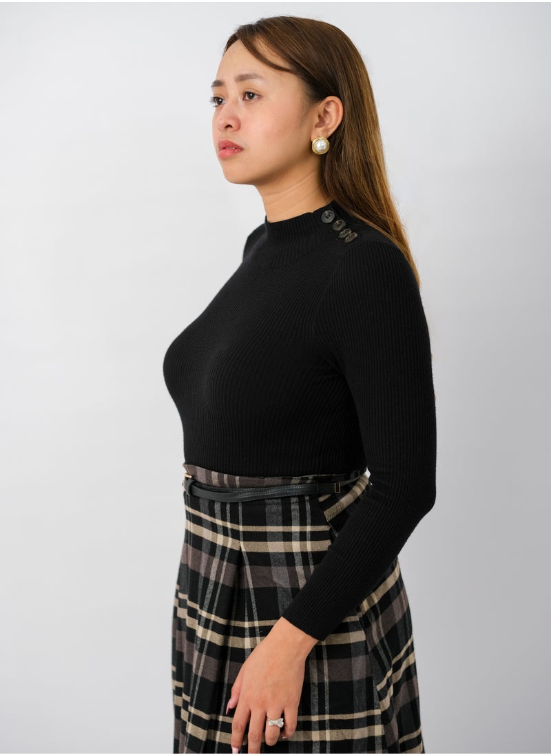 ONLY - Women’s Pleated Checked Bottom Knit Dress in Chocolate Check - Image 1
