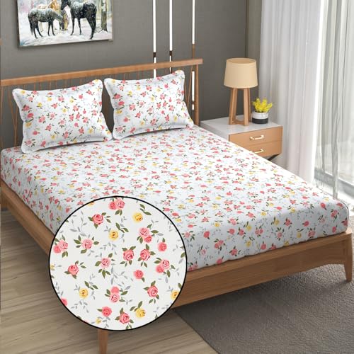 FRESH FROM LOOM King Size Microfiber Bedsheet Set - Floral Print, 240 TC, Anti Fade, Includes 2 Pillow Covers (Size- 90 x 95 Inch | Redrose-White) - Image 1