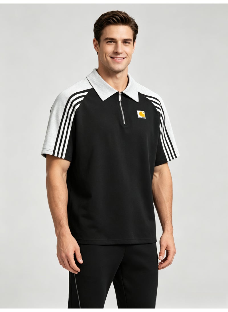 كارهارت Carhartt Men's Quarter Zip Short Sleeve Polo Shirt, Color‑Block Raglan Top with 3‑Stripe Sleeve Detail, Classic Square Logo Casual Streetwear Tee - Image 2