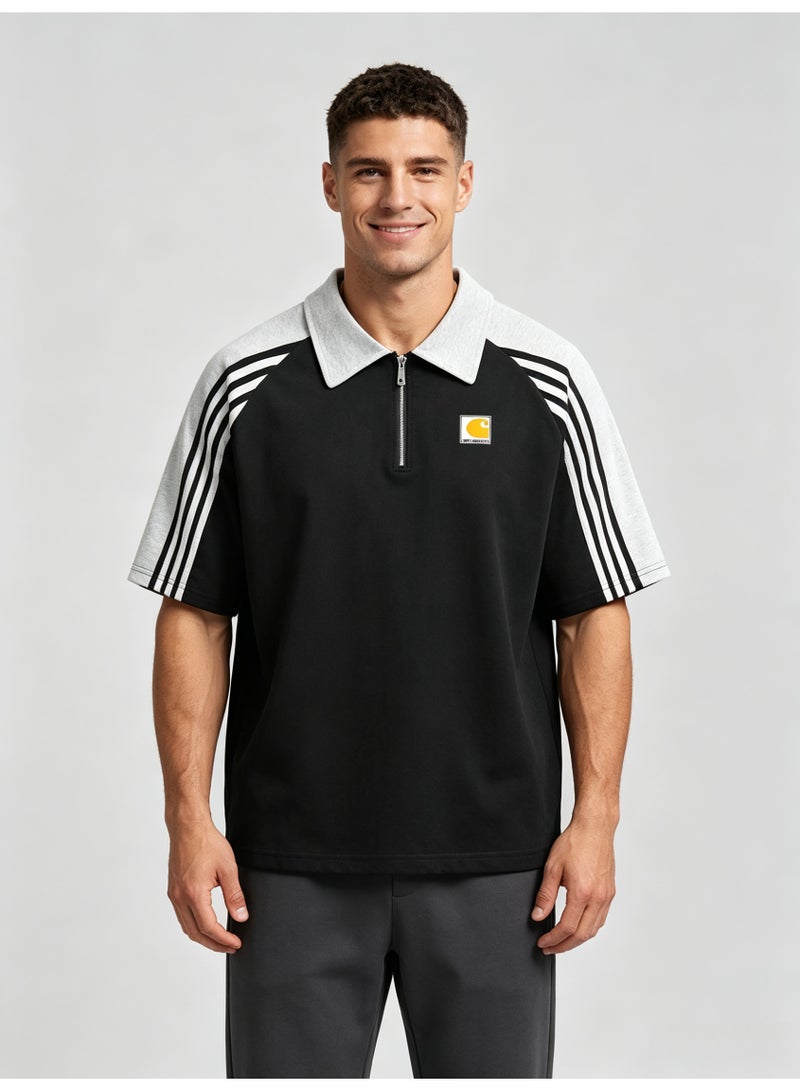كارهارت Carhartt Men's Quarter Zip Short Sleeve Polo Shirt, Color‑Block Raglan Top with 3‑Stripe Sleeve Detail, Classic Square Logo Casual Streetwear Tee - Image 1