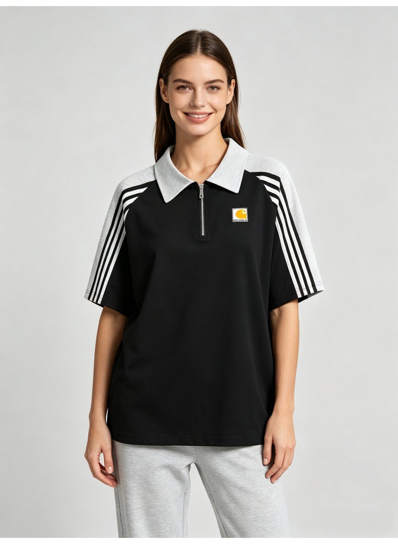 كارهارت Carhartt Men's Quarter Zip Short Sleeve Polo Shirt, Color‑Block Raglan Top with 3‑Stripe Sleeve Detail, Classic Square Logo Casual Streetwear Tee - Image 4