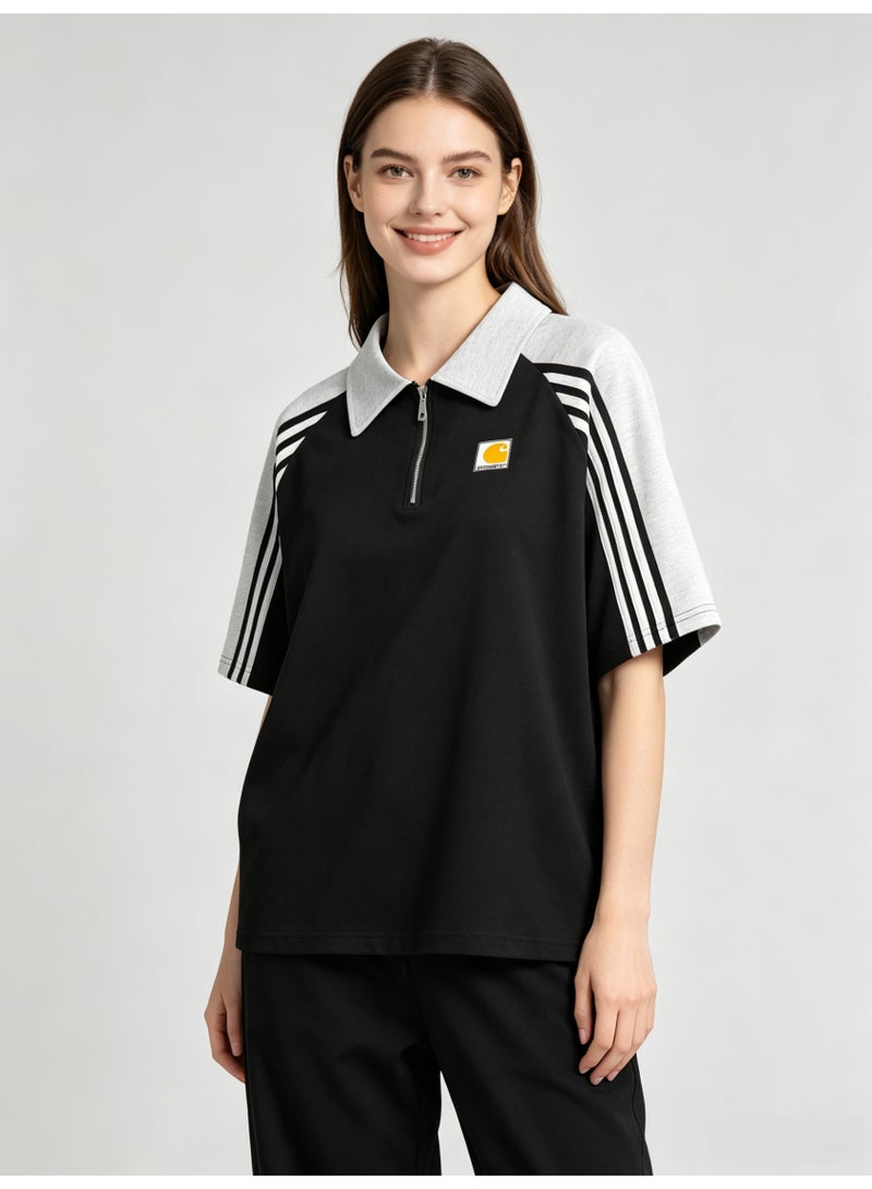 كارهارت Carhartt Men's Quarter Zip Short Sleeve Polo Shirt, Color‑Block Raglan Top with 3‑Stripe Sleeve Detail, Classic Square Logo Casual Streetwear Tee - Image 5