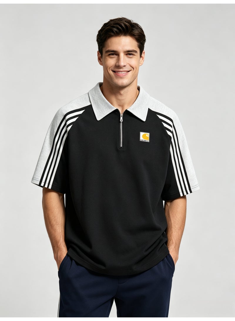كارهارت Carhartt Men's Quarter Zip Short Sleeve Polo Shirt, Color‑Block Raglan Top with 3‑Stripe Sleeve Detail, Classic Square Logo Casual Streetwear Tee - Image 3