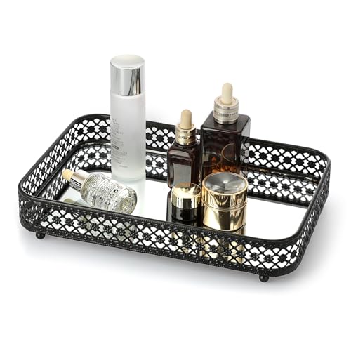 ELLDOO Black Perfume Makeup Vanity Tray HollowCarved Jewelry Storage Glass Metal Trinket Organizer for Dresser Bathroom Countertop Medium Size - Image 1