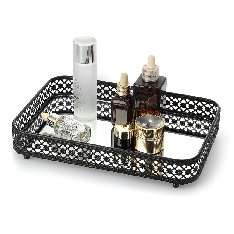 ELLDOO Black Perfume Makeup Vanity Tray HollowCarved Jewelry Storage Glass Metal Trinket Organizer for Dresser Bathroom Countertop Medium Size - Image 2