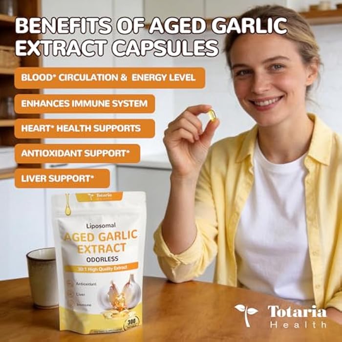 Totaria Liposomal Aged Garlic Extract Capsules - Odorless Aged Garlic with Magnesium,Zinc,Vitamin B,Antioxidant Herbal Blend - Heart & Immune Support - Non-GMO, Gluten Free,300 Softgels - Image 4