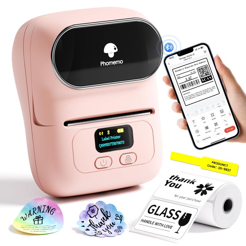 Phomemo Label Printer - M110 Thermal Label Printer Barcode Label Maker Mini Bluetooth Sticker Printer for Small Business, Home, Office, Logo, Address, Name Tag, Clothing, Organizing, Pink - Image 1