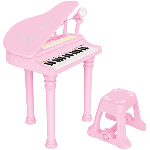 Losbenco Kids Piano Keyboard Toy Toddler Electronic Musical Instrument Educational Toy with Microphone Multiple Sounds Record Playback Lights Stool Birthday Gift for 3 4 5 6 7 Years Old Girls - Image 1