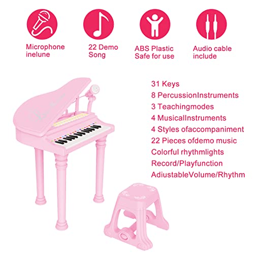 Losbenco Kids Piano Keyboard Toy Toddler Electronic Musical Instrument Educational Toy with Microphone Multiple Sounds Record Playback Lights Stool Birthday Gift for 3 4 5 6 7 Years Old Girls - Image 5