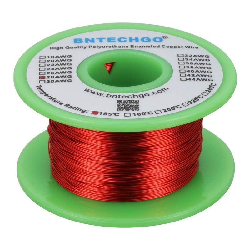 BNTECHGO سلك مغناطيسي BNTECHGO 28 AWG - سلك نحاسي مطلي - سلك لف مغناطيسي مطلي - 4 أونصات - 0.0122" قطر 1 بكرة لفة حمراء تصنيف درجة الحرارة 155℃ يستخدم على نطاق واسع للمحولات والمحاثات - Image 1