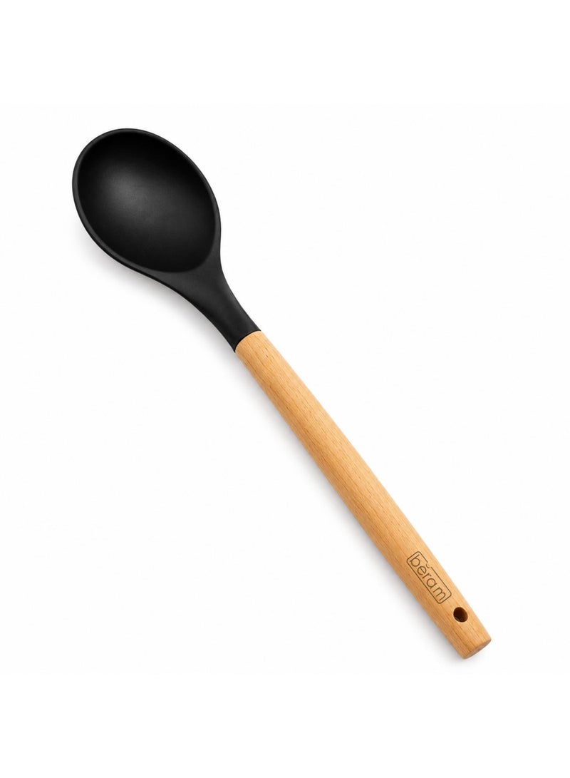 BERAM 12 inch Silicone Soup Ladle with Wooden Handle, Deep Non-Stick Cooking Spoon for Soup, Curry, Stew & Sauce, Kitchen Serving Spoon with Hanging Hole, Black - Image 1