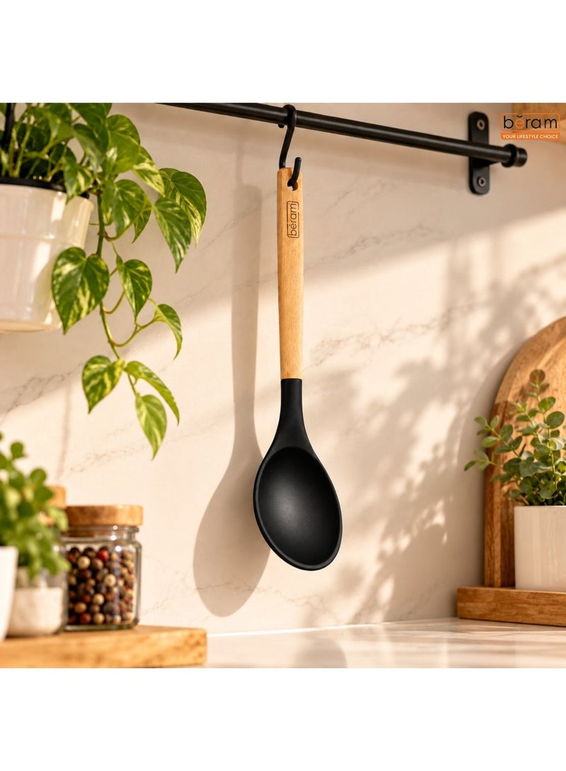 BERAM 12 inch Silicone Soup Ladle with Wooden Handle, Deep Non-Stick Cooking Spoon for Soup, Curry, Stew & Sauce, Kitchen Serving Spoon with Hanging Hole, Black - Image 5