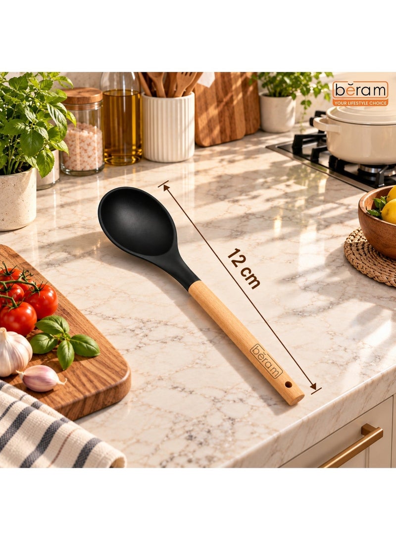BERAM 12 inch Silicone Soup Ladle with Wooden Handle, Deep Non-Stick Cooking Spoon for Soup, Curry, Stew & Sauce, Kitchen Serving Spoon with Hanging Hole, Black - Image 4