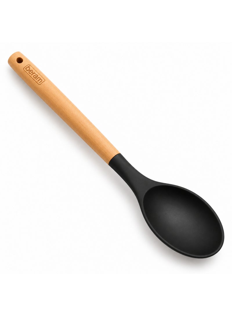 BERAM Silicone Serving Spoon with Wooden Handle, Heat Resistant Non-Stick Cooking Spoon, 12 Inch, 1-Piece, Black, for Stirring and Serving - Image 1