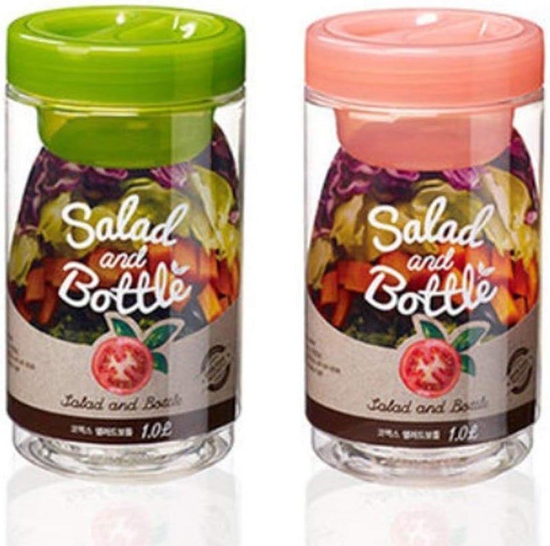 Komax Salad Bottle Set of 2 with Leak Proof Salad Sauce Dressing Case Pink Green - Image 1
