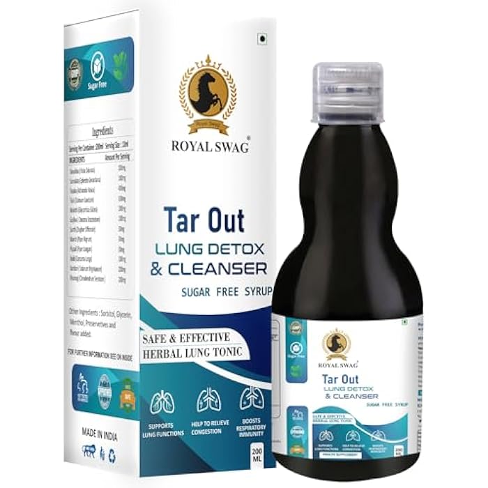 ROYAL SWAG Ayurveda Tar Out Syrup Lungs Detox Sugar Free (200 ML) Removes Tar from Lungs Due to for Smoke & Air Pollution Herbal Syrub to Remove Toxins from Lung and Mucus Remover - Image 1