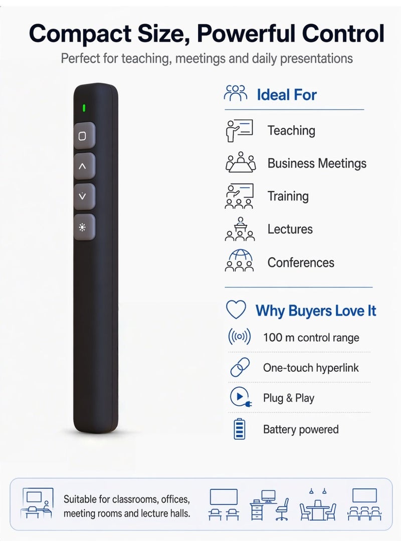 Sisily Wireless Presenter Remote, Presentation Clicker, Laser Pointer for PowerPoint, 100m Control Range, One-Touch Hyperlink, Plug and Play, Battery Powered, for Teaching Meetings - Image 2