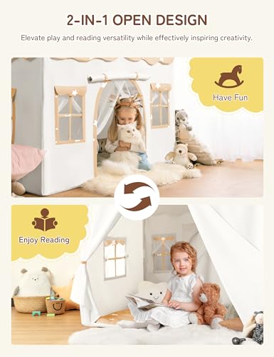 besrey Kids Play Tent 2 in 1 with Padded Mat and Lights Large Kids Playhouse with 2 Doors 4 Windows Indoor Outdoor Christmas Toddler Tent 51 x35 x 51 White with Star - Image 5