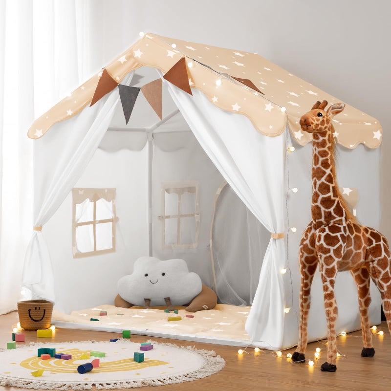 besrey Kids Play Tent 2 in 1 with Padded Mat and Lights Large Kids Playhouse with 2 Doors 4 Windows Indoor Outdoor Christmas Toddler Tent 51 x35 x 51 White with Star - Image 3