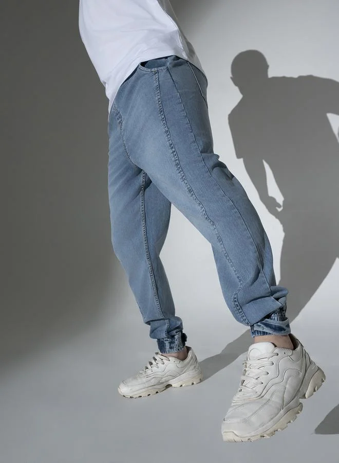 Hubberholme Men's Light Blue 100% Cotton Solid Pattern Full Length Jogger Jeans