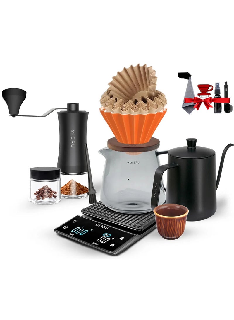 ميبرو مجموعة v60 تحضير القهوة المقطرة صانعة القهوة بالتنقيط 11,مع ميزان لتقطير القهوة، مطحنة حبوب القهوة، زجاجة رش لحبوب القهوة، ملعقة قهوة، فلتر ورقي للقهوة، فلتر لتقطير القهوة، إبريق مشاركة القهوة، إبريق يدوي ذو عنق نحيل، فوهة مقيّدة لإبريق تقطير القهوة،طقم قهوة مختصة، ادوات القهوه المختصه اله قهوه، كوب القهوة، مجموعة أدوات تنظيف القهوة،ملحقات ماكينة صب القهوة - Image 1