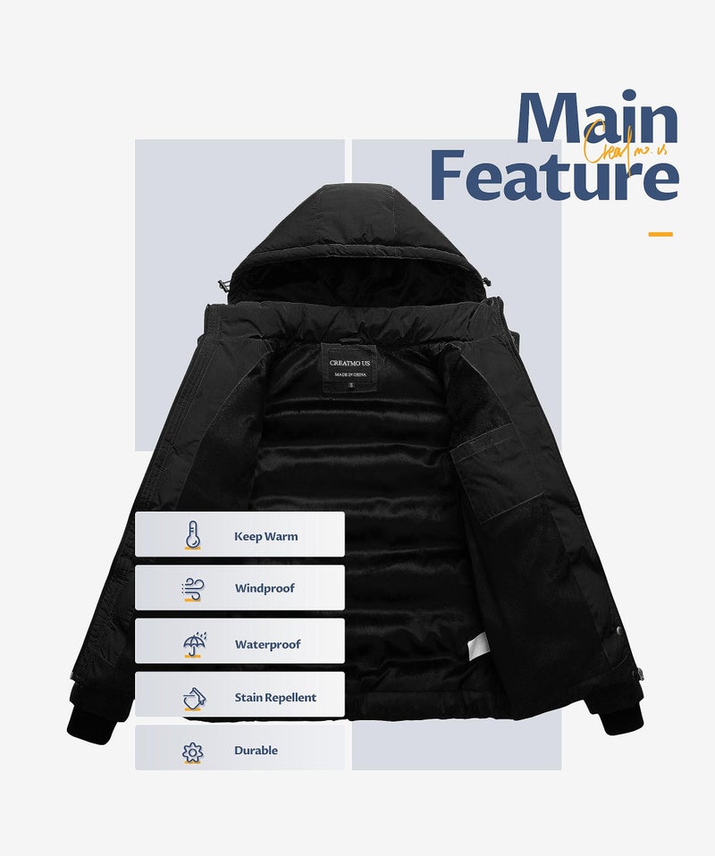 CREATMO US Women's Hooded Warm Heavy Winter Coat Quilted Thicken Puffer Jacket With Removable Hood Black 2XL - Image 3