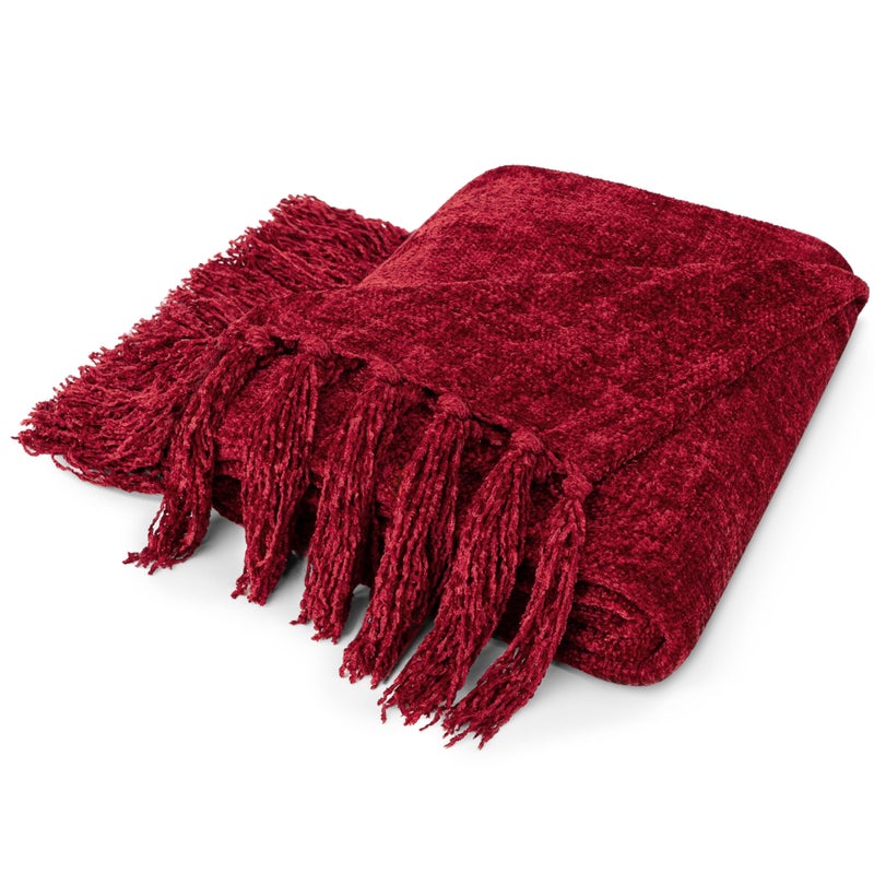 PAVILIA PAVILIA Burgundy Red Throw Blanket for Couch and Bed Chenille Woven Soft Knit Maroon Blanket with Tassel Decorative Textured Blanket for Living Room Wine Red 60x80