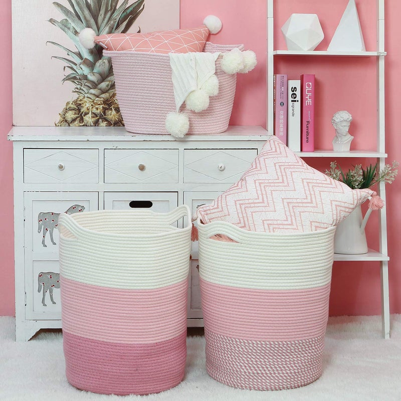 Sea Team Large Size Cotton Rope Woven Storage Basket with Handles, Laundry Hamper, Fabric Bucket, Drum, Clothes Toys Organizer for Kid's Room, 20 x 14 inches, Round Open Design, White & Pink - Image 2