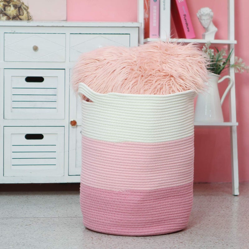 Sea Team Large Size Cotton Rope Woven Storage Basket with Handles, Laundry Hamper, Fabric Bucket, Drum, Clothes Toys Organizer for Kid's Room, 20 x 14 inches, Round Open Design, White & Pink - Image 3