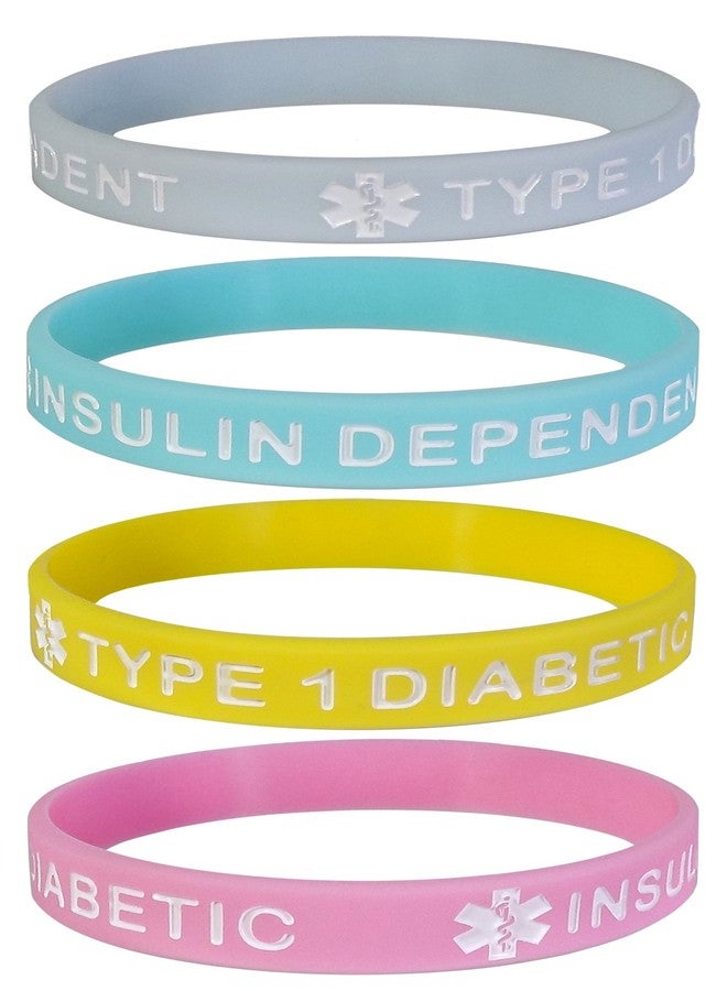 Max Petals TYPE 1 DIABETIC INSULIN DEPENDENT Medical Alert ID Silicone Bracelet Wristbands Pastels 4 Pack - Image 1