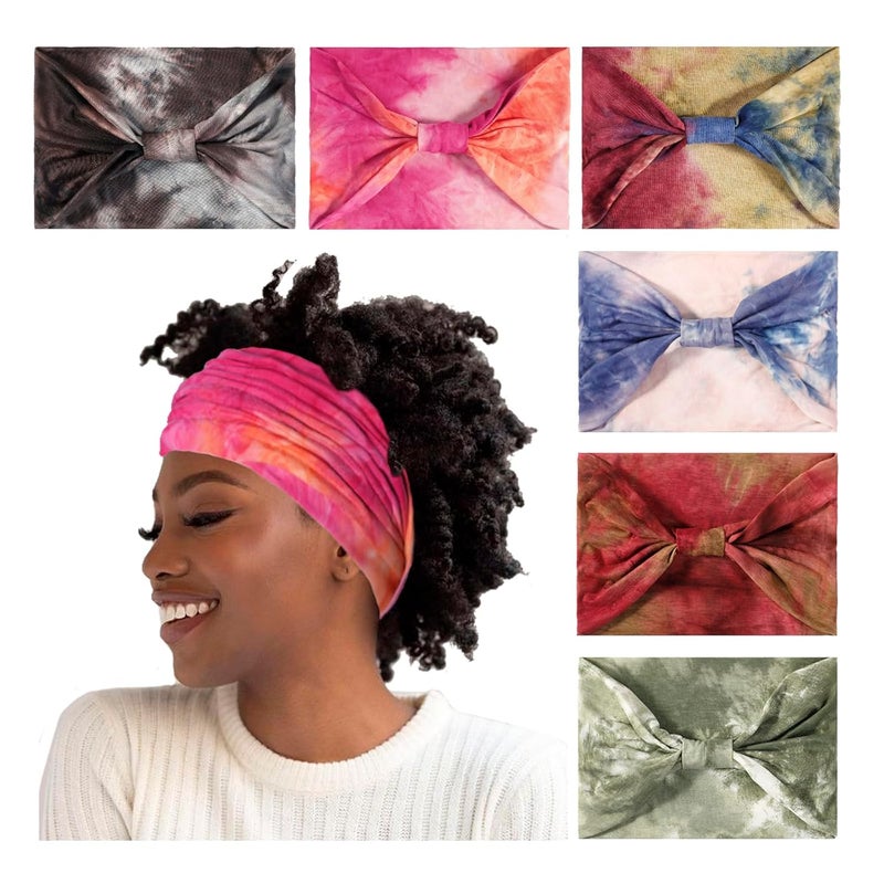 Artilady 7 Wide Headbands for Women Tie Dye  Large Soft Cloth Headwrap Elastic Stretchy Head Bands Boho Turban Hair Bands Non Slip Hair Accessories 6 PCS