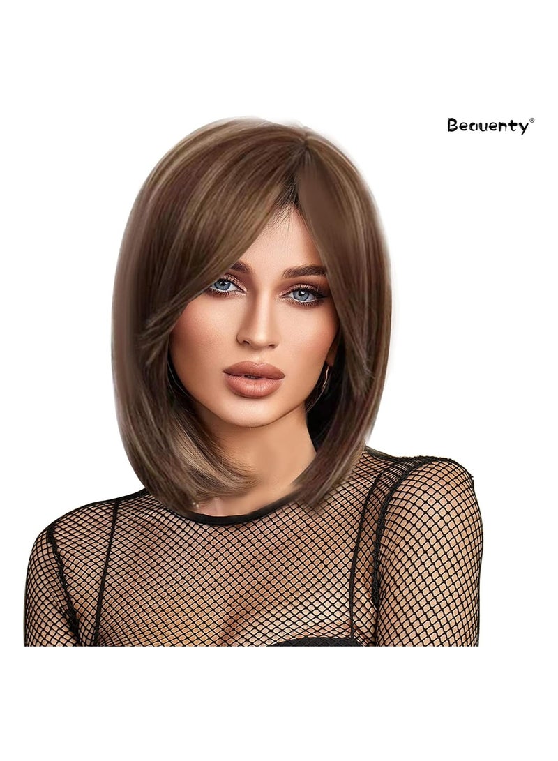 إستيل شعر مستعار مصنوع من الألياف المقاومة للحرارة مع غرة للنساء، شعر مستعار كامل المظهر طبيعي (بني) - Image 2