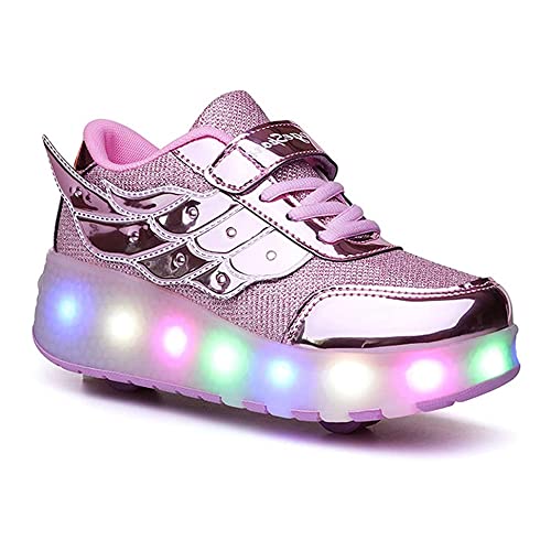 Ufatansy Roller Shoes USB Rechargeable Roller Skate Shoes LED Fashion Sneakers with Wheels Kids Skateboarding for Girls Boys Sports Footwear(11 M US =CN27, Double Wheels, Rose) - Image 5