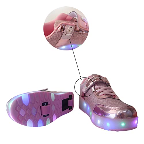 Ufatansy Roller Shoes USB Rechargeable Roller Skate Shoes LED Fashion Sneakers with Wheels Kids Skateboarding for Girls Boys Sports Footwear(11 M US =CN27, Double Wheels, Rose) - Image 4