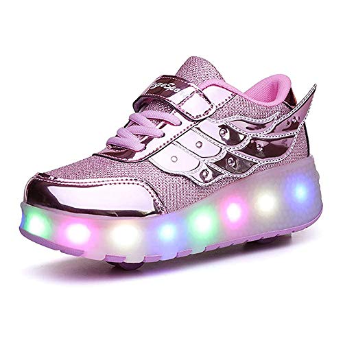 Ufatansy Roller Shoes USB Rechargeable Roller Skate Shoes LED Fashion Sneakers with Wheels Kids Skateboarding for Girls Boys Sports Footwear(11 M US =CN27, Double Wheels, Rose) - Image 2