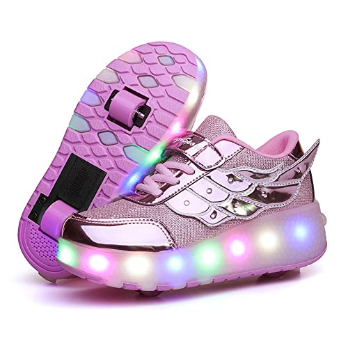Ufatansy Roller Shoes USB Rechargeable Roller Skate Shoes LED Fashion Sneakers with Wheels Kids Skateboarding for Girls Boys Sports Footwear(11 M US =CN27, Double Wheels, Rose) - Image 1