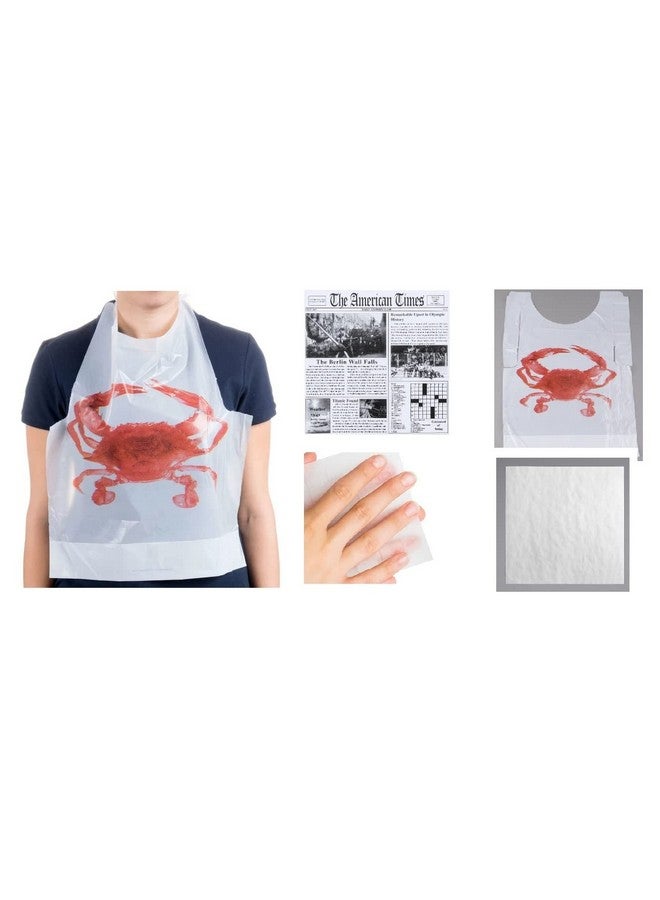 Oasis Supply, Crab Bib, Newspaper Placemats, Butcher Paper Table Cover & Wet Wipe Bundle - 25 Disposable Bibs, Placemats, & Moist Towelettes for Crawfish Boil, Seafood Fest, or Crab Bakes - Image 1