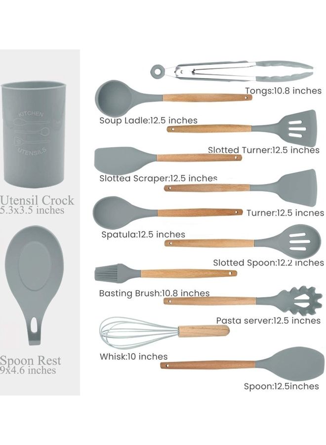 XiuWoo 13-Piece Silicone Wooden Handle Kitchen Utensil Set With Holder Grey/Brown One Size - Image 2