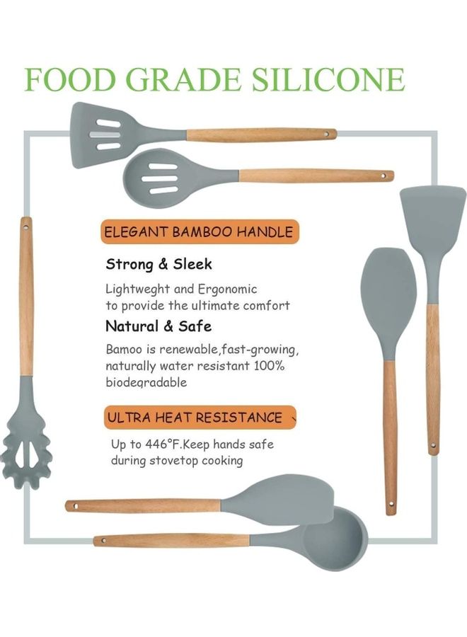 XiuWoo 13-Piece Silicone Wooden Handle Kitchen Utensil Set With Holder Grey/Brown One Size - Image 3
